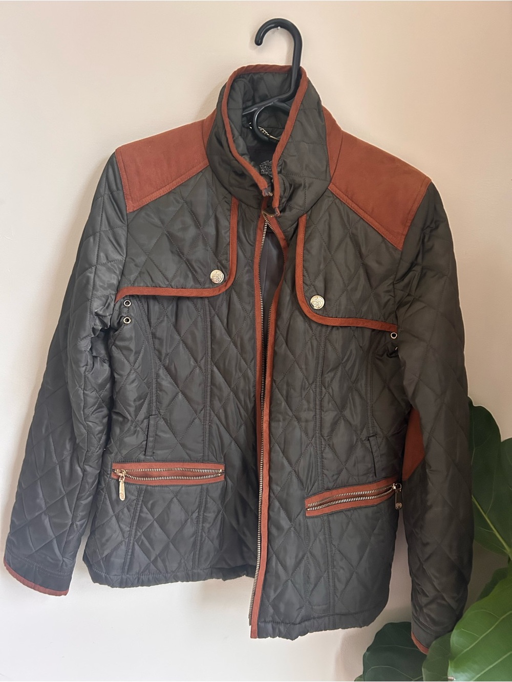 Vince camuto Quilted Women's Jacket with Rust Trim - Brown/